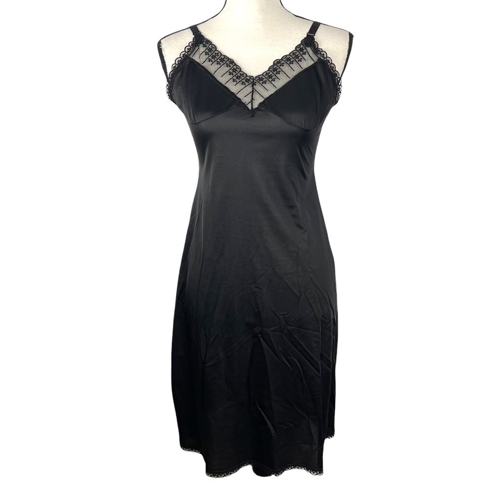 Vintage Black 100% Nylon with Floral V Neck Trim Slip Dress